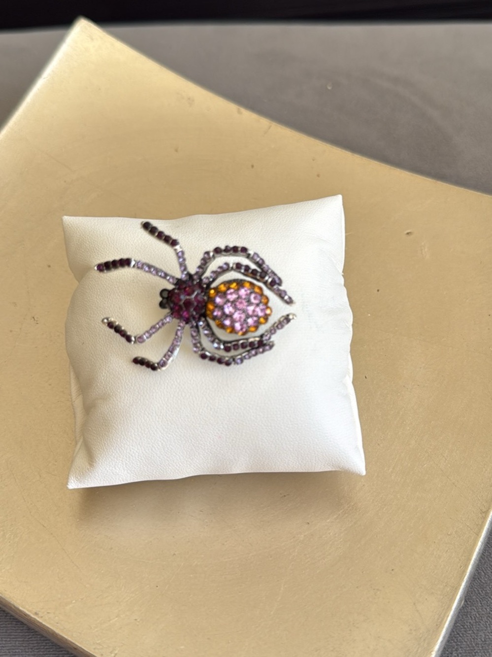 Halloween Crystal Spider Brooch - Pink Purple Accent New Antique Silver Tone